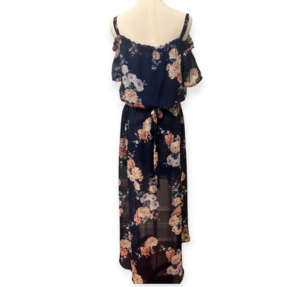 Floral Romper Dress Navy Blue Hi-Low Cold Shoulder Chiffon Boho Large - Picture 5 of 11